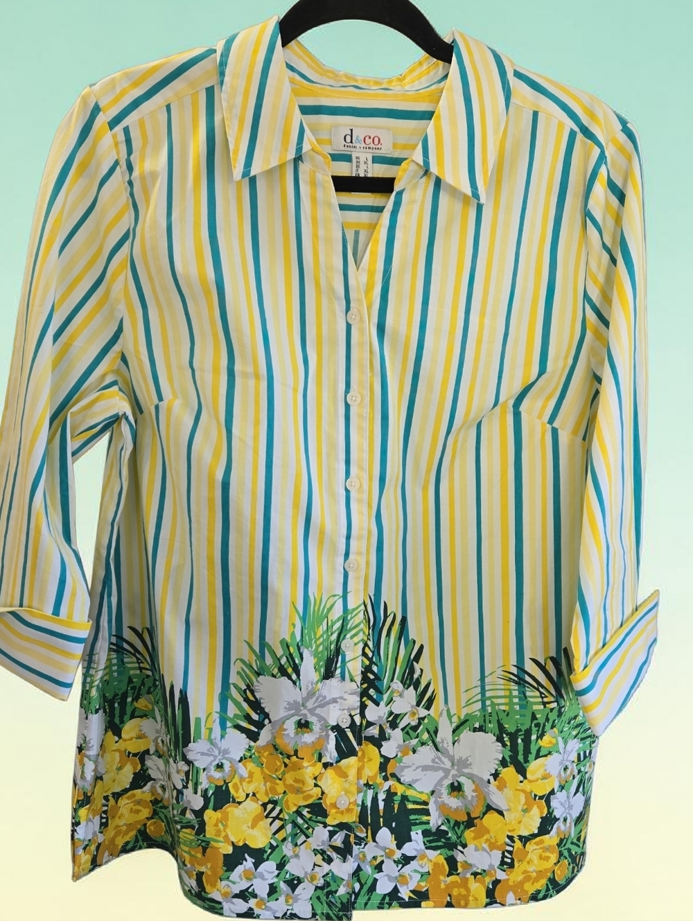 d & co. Yellow Striped Button-Down Shirt with Floral Hem